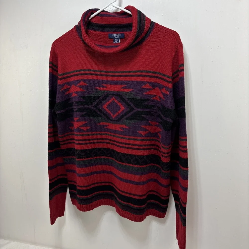 Chaps Ralph Lauren Sweater Womens PXL Red‎ Purple Aztec Southwestern Cowl Neck